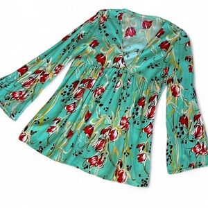 Free People Floral V-Neck Tunic Bell Sleeves Top Sage Red Size Small Boho